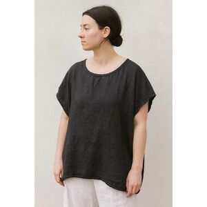 Knock Knock Linen Top Womens One‎ Size Black Loose Fit Short Sleeve Lagenlook